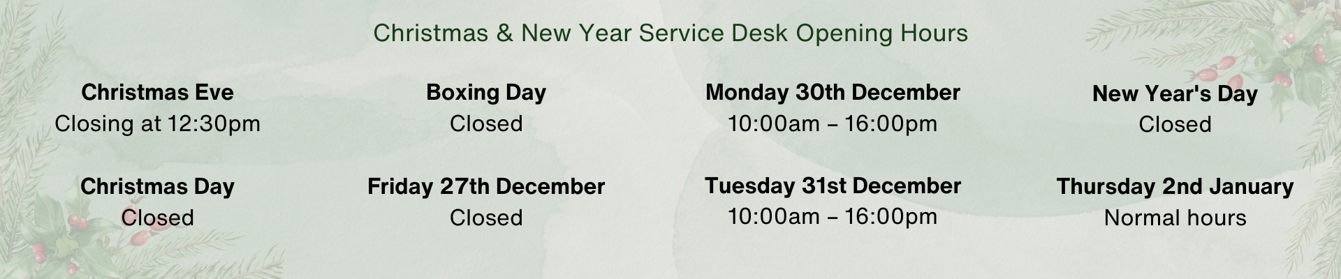 Aspin Service Desk Christmas & New Year opening hours