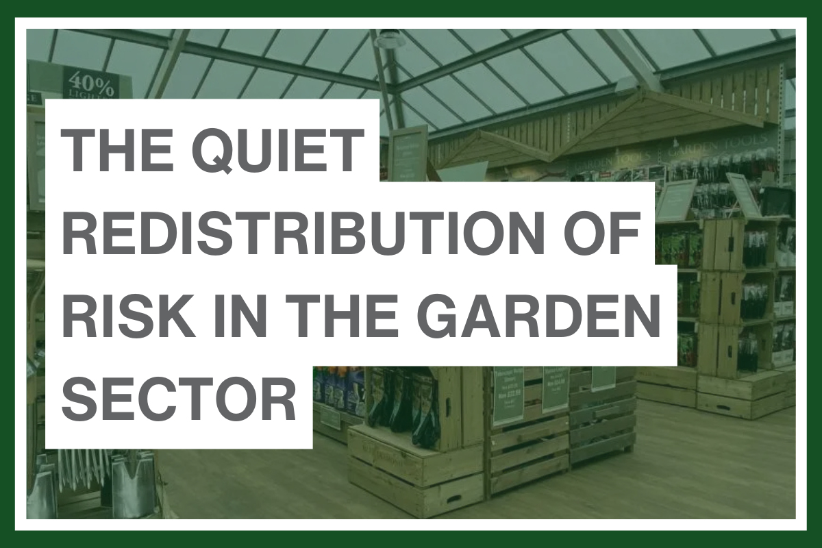 The Quiet Redistribution of Risk in the Garden Sector blog post header with a greenhouse background blog header Text: The Quiet Redistribution of Risk in the Garden Sector, overlaying a blurred image of a commercial greenhouse interior.