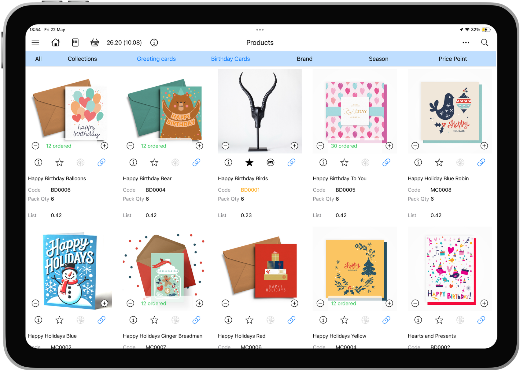 PixSell app on an iPad showing a catalogue page of greeting cards